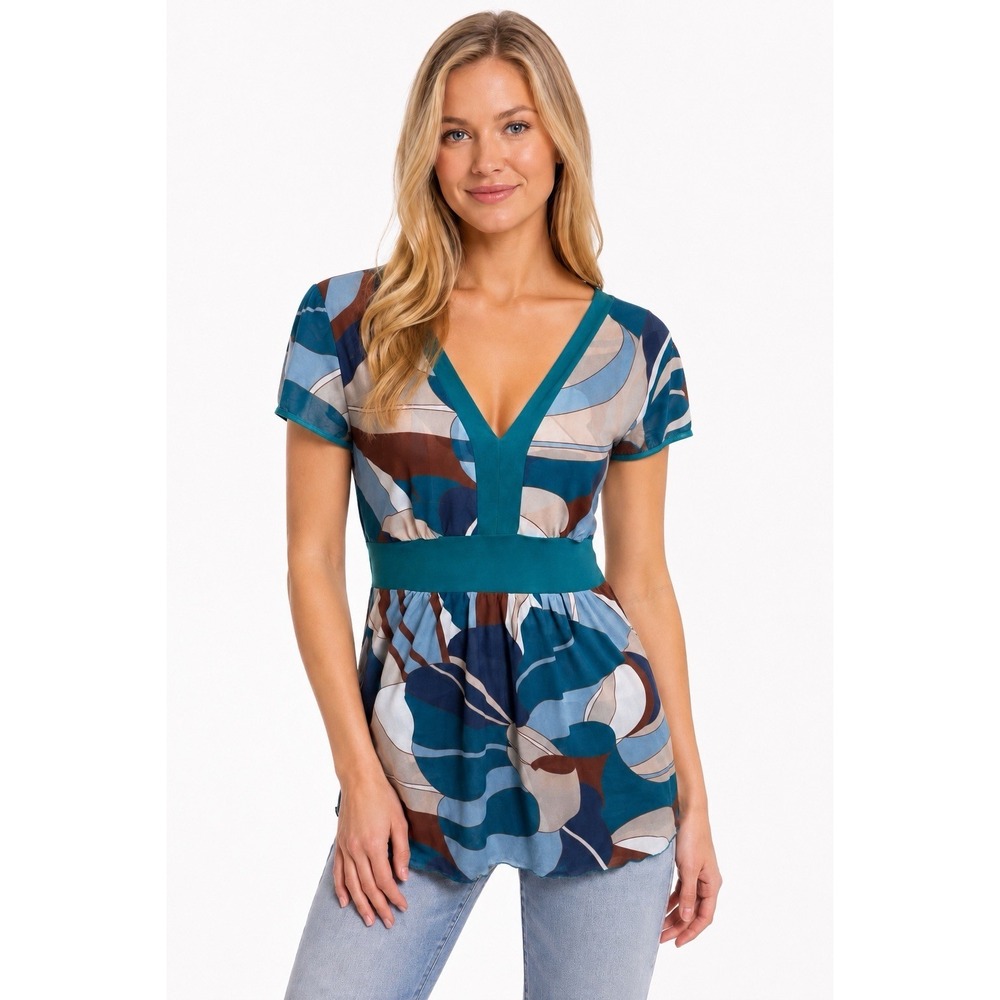 Vtg Y2K‎ Abstract Print Sheer Babydoll Tunic Top S Blue Teal Empire Waist Artsy